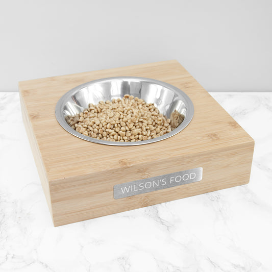 Bamboo base with stainless steel insert pet bowl personalised engraved metal tag By Sweetlea Gifts