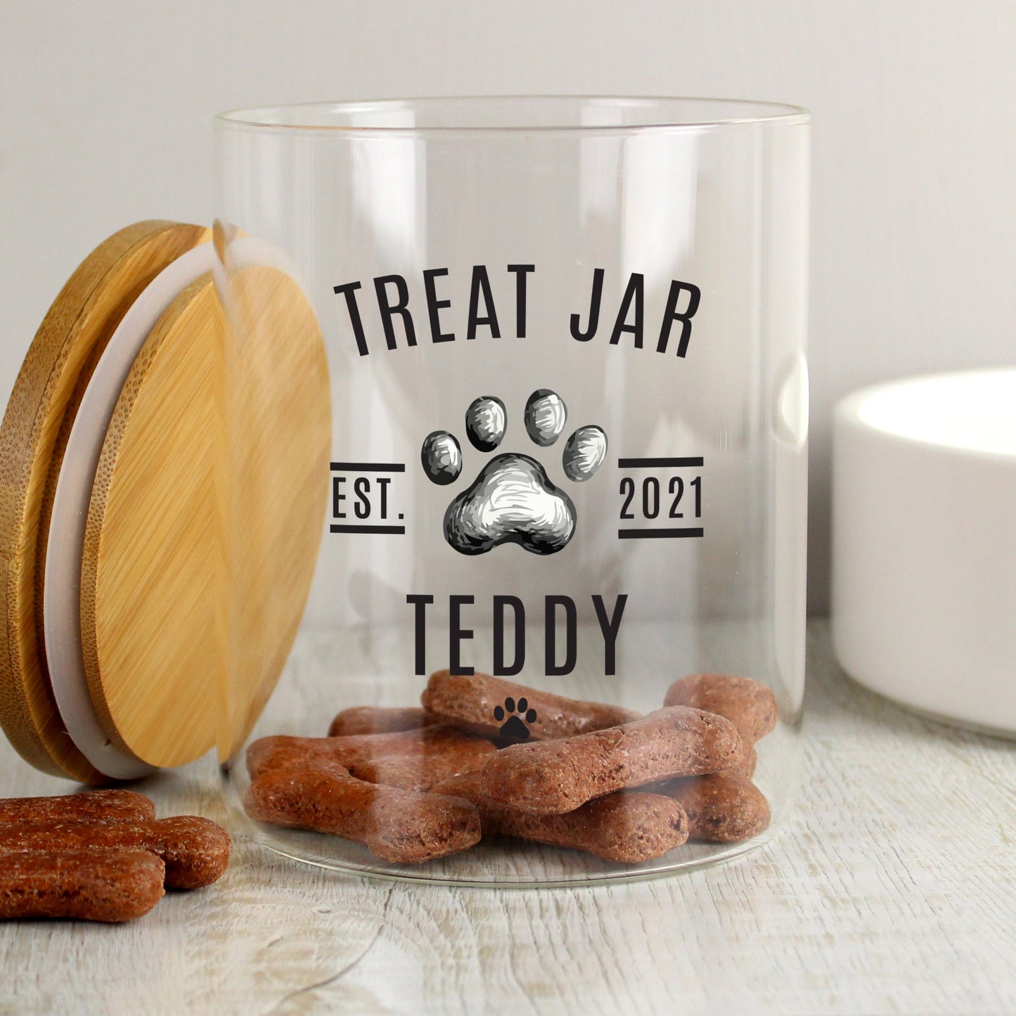 Glass personalised pet Treat Jar with Bamboo lid By Sweetlea Gifts