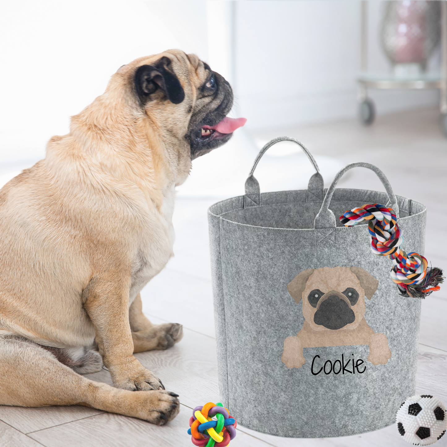 Pug dog sitting next to dog toy storage bag personalised with pug image and name