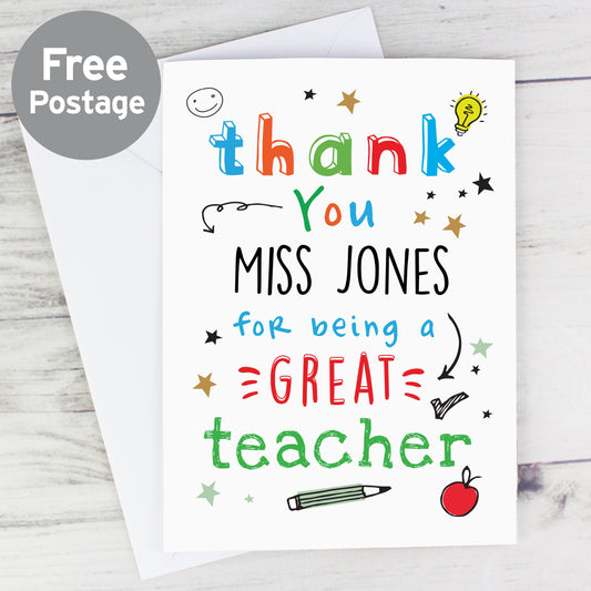 Thank you for being a great teacher personalised card with free postage By Sweetlea Gifts