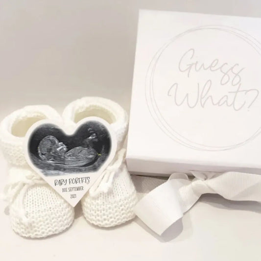 Baby scan and baby booties pregnancy announcement gift set
