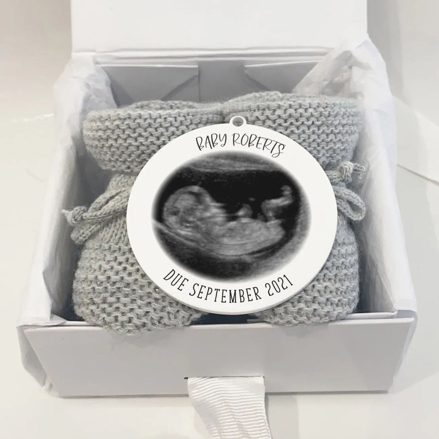 Baby scan and baby booties pregnancy announcement gift set
