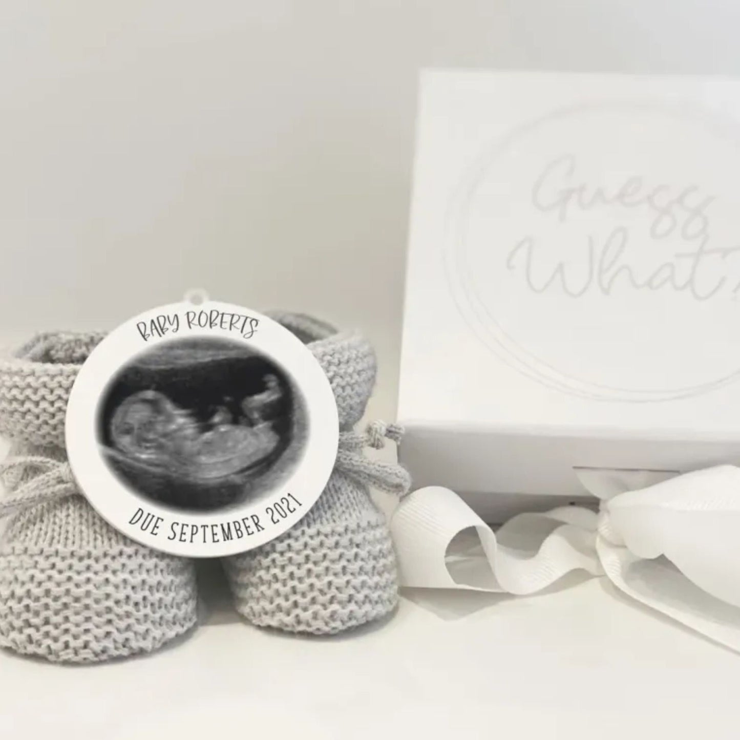 Baby scan and baby booties pregnancy announcement gift set