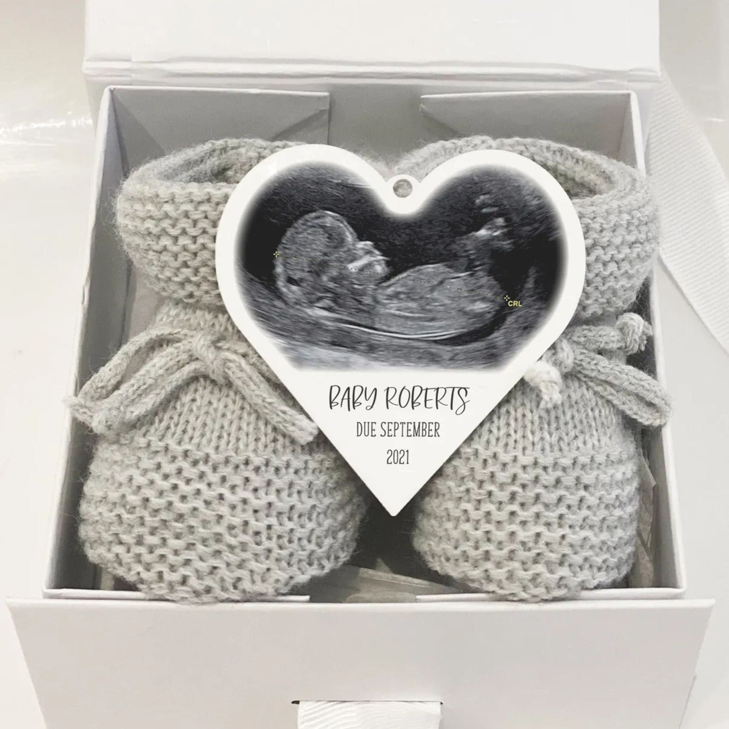 Baby scan and baby booties pregnancy announcement gift set