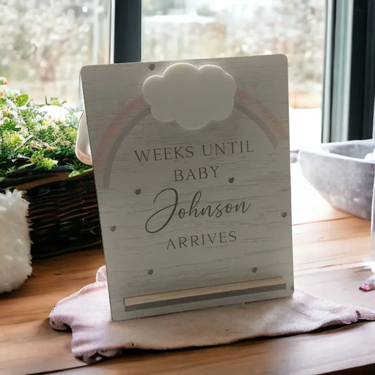Personalised Rainbow cloud Oak Veneer Baby Countdown