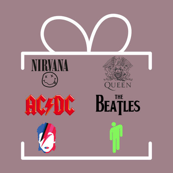 Logos of Nirvana, Queen, AC/DC, The Beatles, David Bowie, Billie Eilish