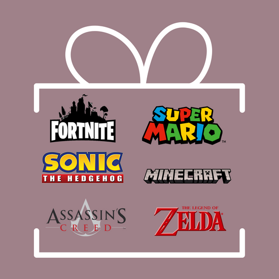 Gaming logos Fortnite, Super Mario, Son The Hedgehog, Minecraft, Assassin's Creed, The Legend Of Zelda