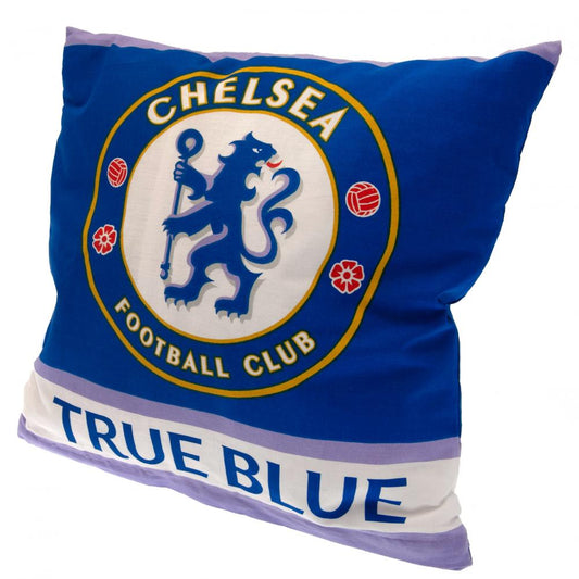 Vibrant royal blue cushion featuring True Blue text and a large full colour Chelsea club crest