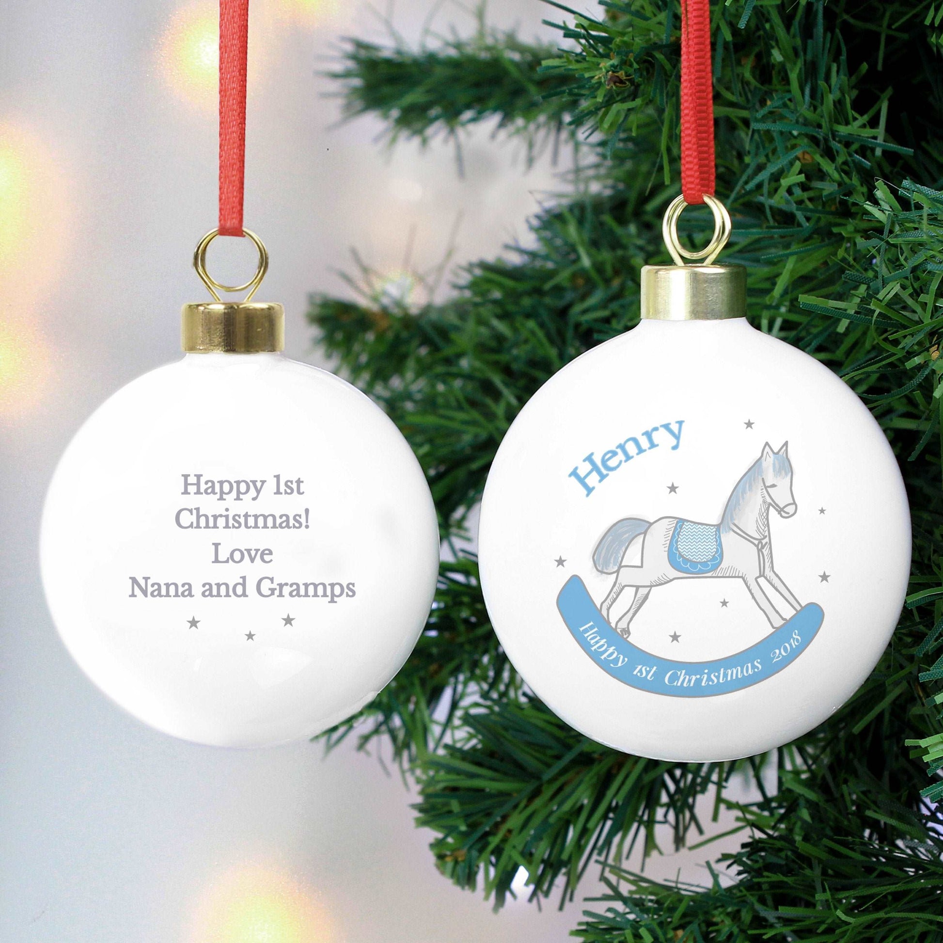 Ceramic 1st Christmas bauble with Blue rocking horse design that can be personalised with a name and message By Sweetlea Gifts