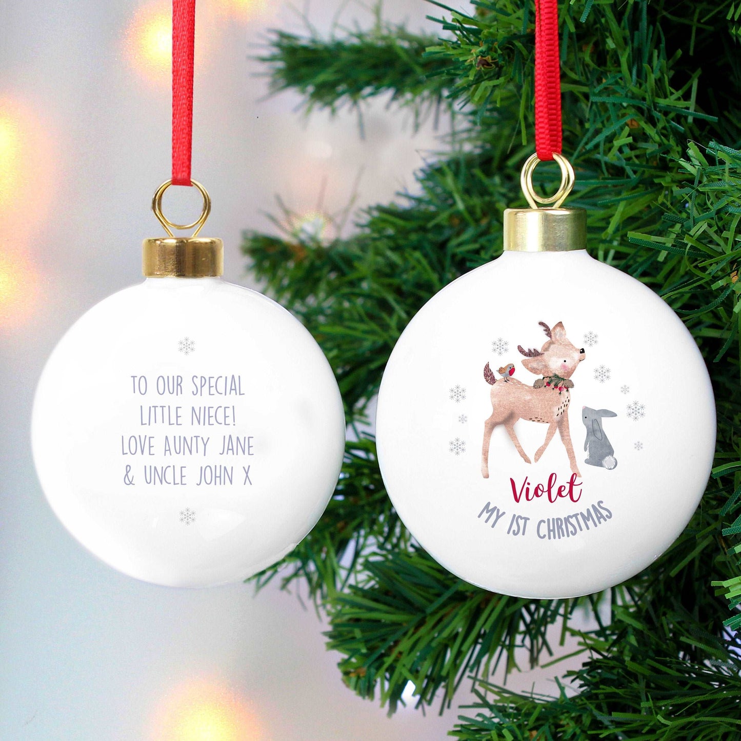 Ceramic 1st Christmas Bauble with fawn and bunny image that can be personalised with a name and message By Sweetlea Gifts
