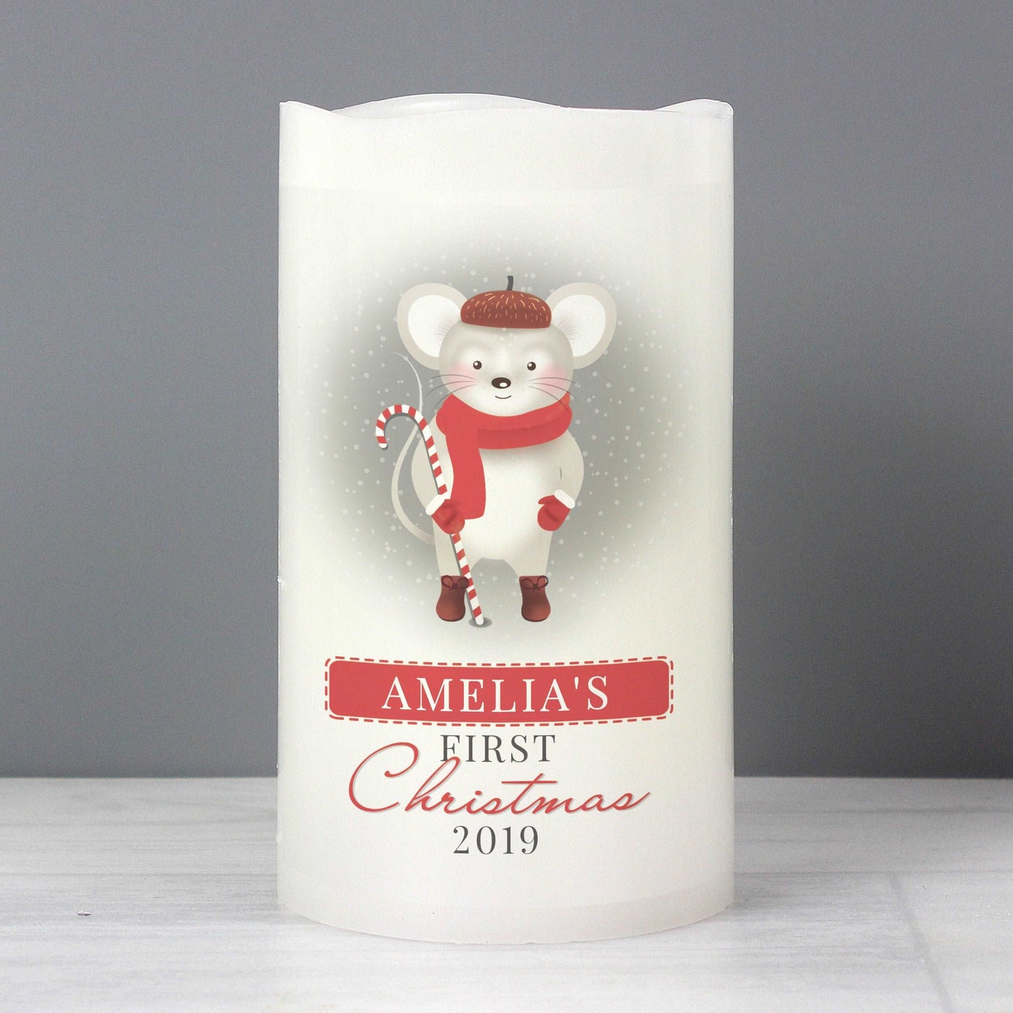 LED Candle with cute Mouse design with First Christmas text personalise with Name and year By Sweetlea Gifts