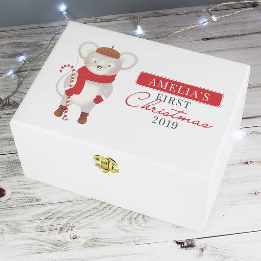 White wooden 1st Christmas box with Cute mouse design First Christmas text can personalise with a name and year By Sweetlea Gifts