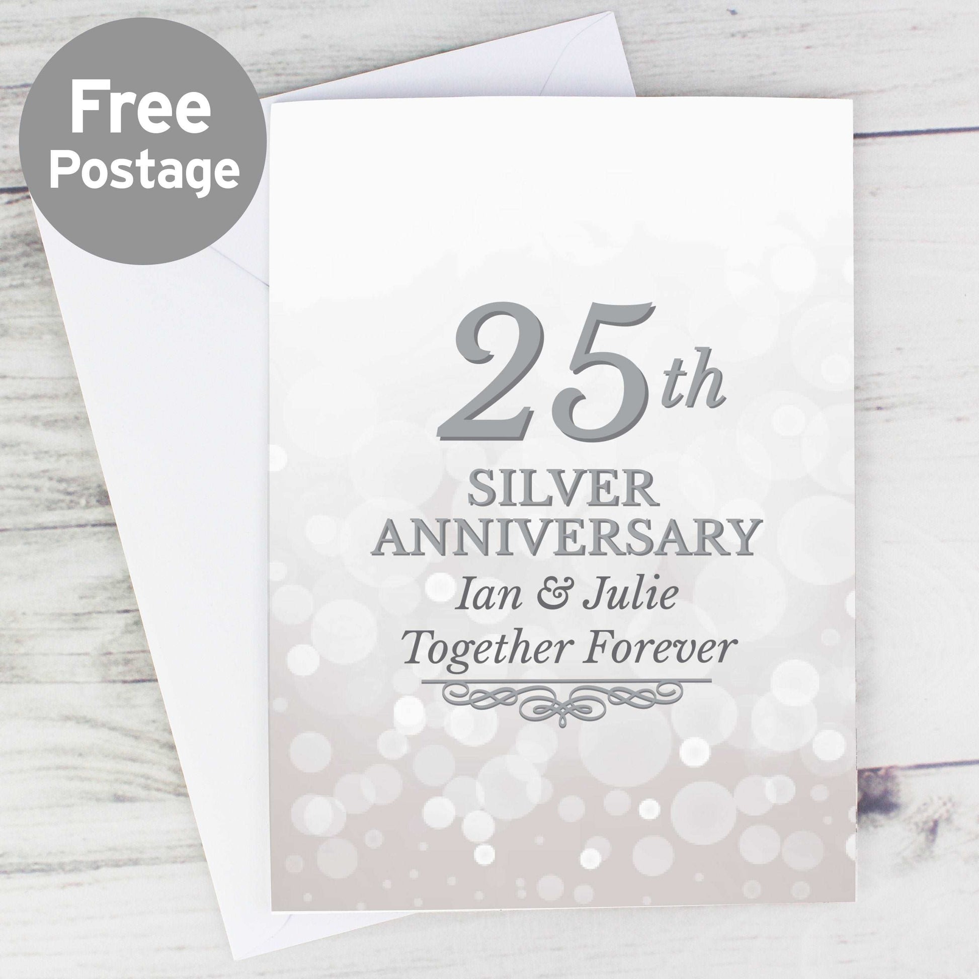White and Silver 25th Silver Anniversary card personalised with names and message By Sweetlea Gifts