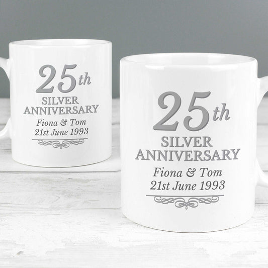 Set of 25th Silver Anniversary Mugs personalised with names and date in silver By Sweetlea Gifts