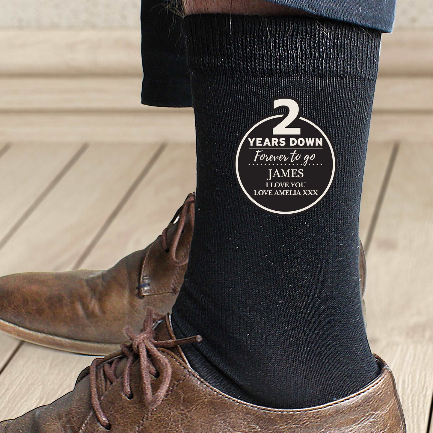 Black cotton blend Men's 2nd anniversary socks socks personalised with 2 years down forever to go and personalised with a name and message in white text By Sweetlea Gifts