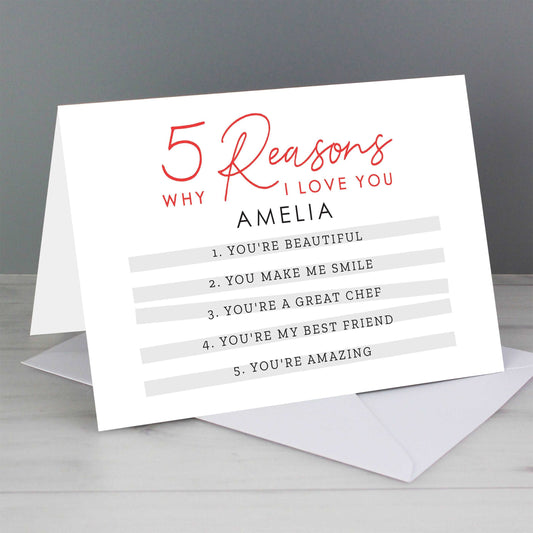 white greeting card red text 5 reasons why i love you then black text personalised with a name and 5 reasons  By Sweetlea Gifts