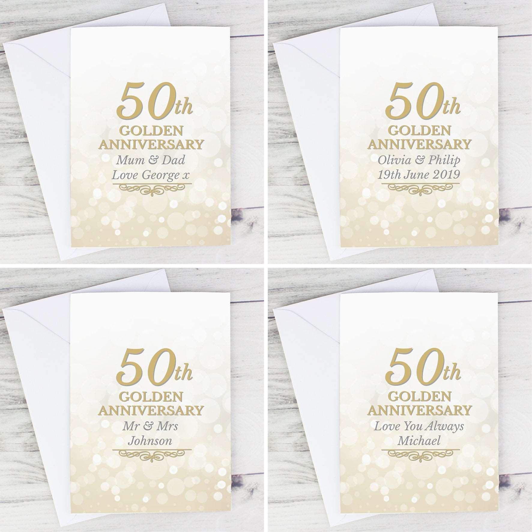 examples of 4 50th Golden anniversary card personalised  By Sweetlea Gifts