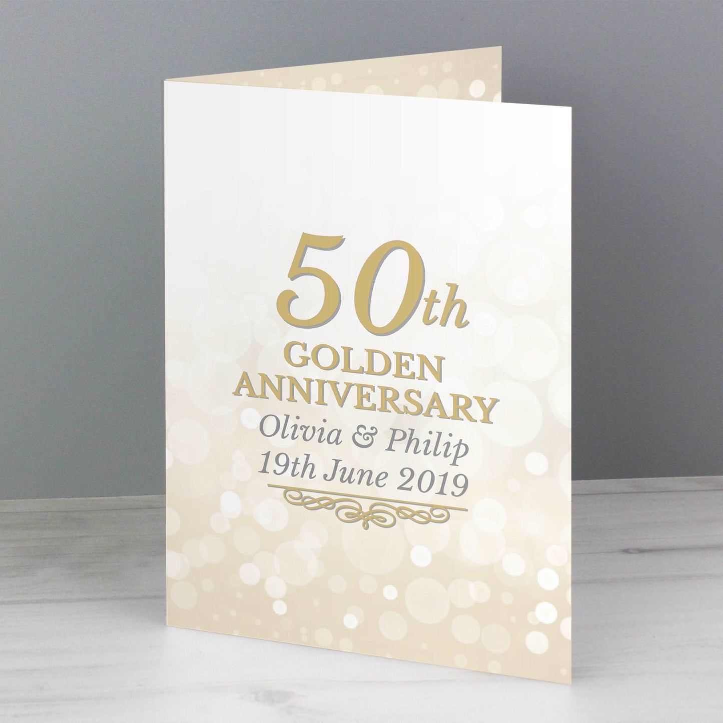 White and gold 50th Gold Anniversary card personalised with names and date By Sweetlea Gifts