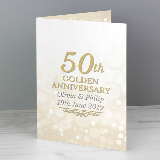 White and gold 50th Gold Anniversary card personalised with names and date By Sweetlea Gifts