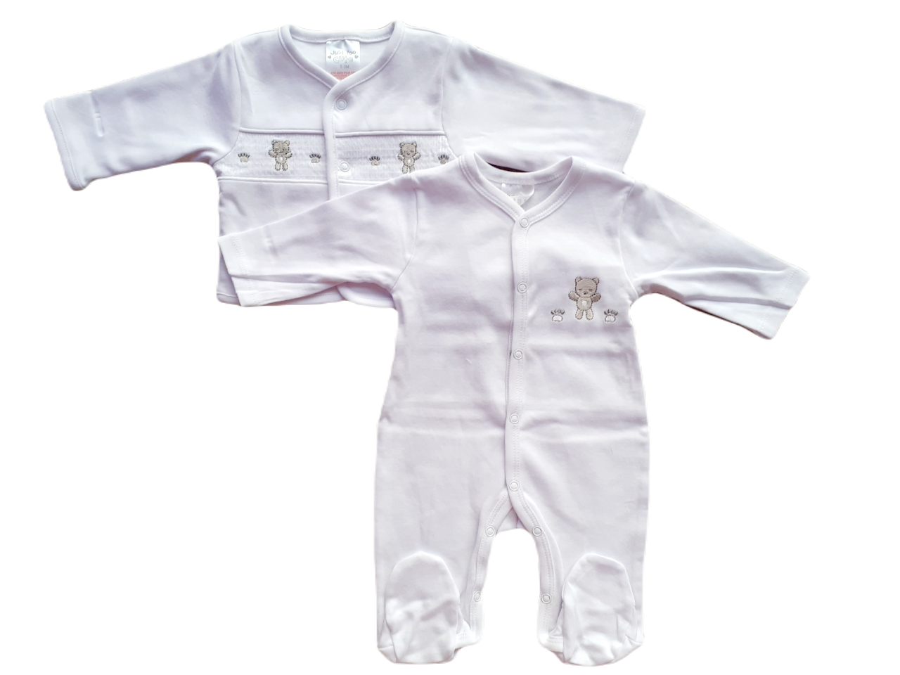 White Bear & paw print Babygrow & Smocked jacket set