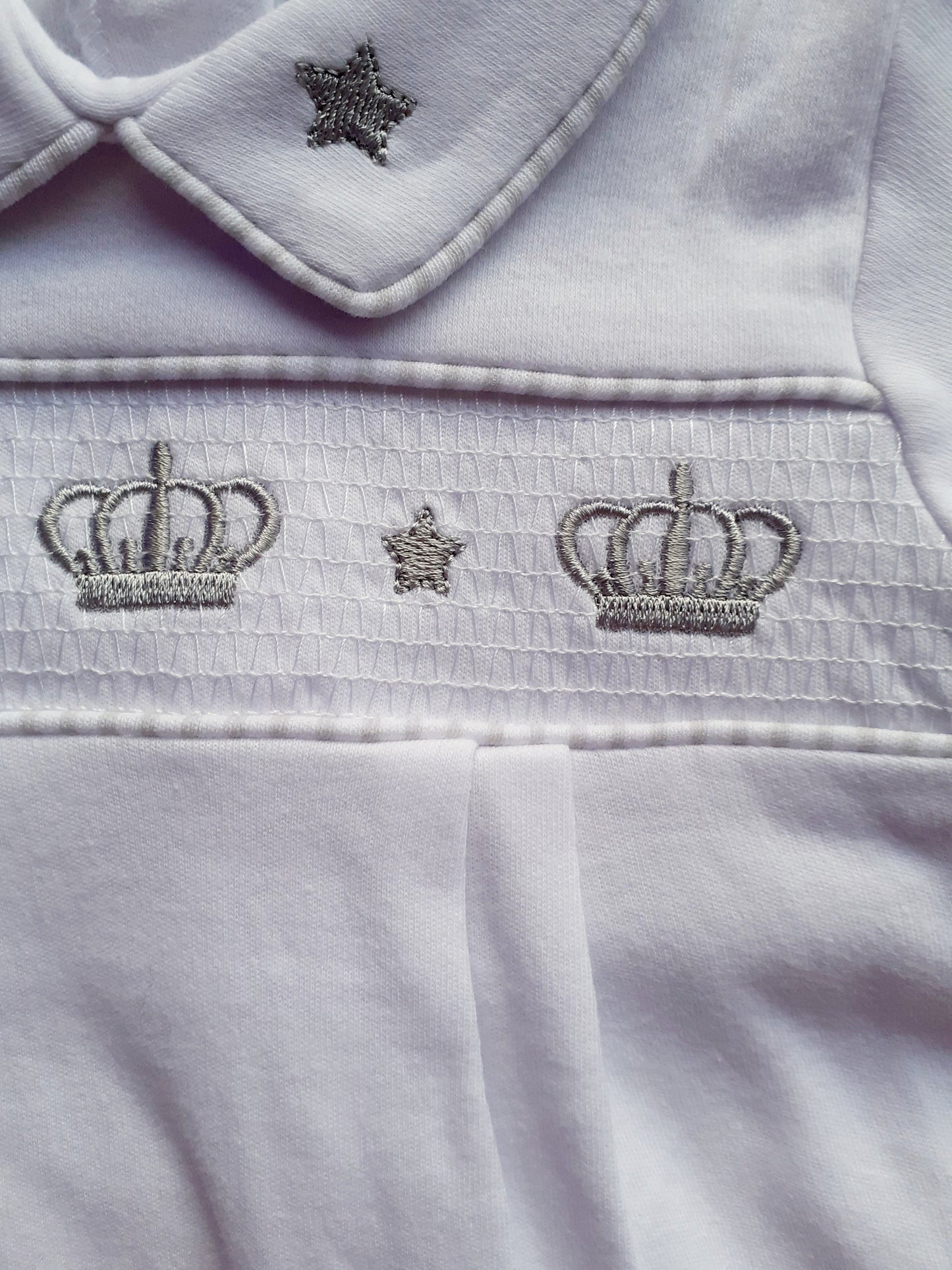 White Crown & Stars Smocked Babygrow