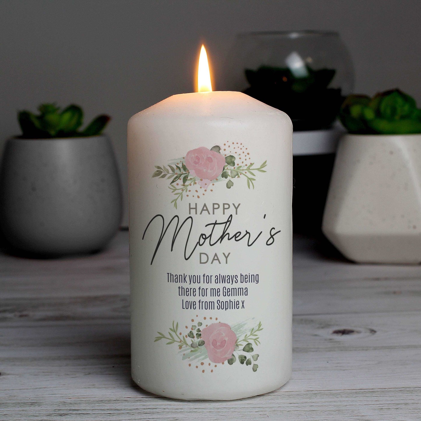 Happy Mothers day Personalised floral design pillar candle By Sweetlea Gifts