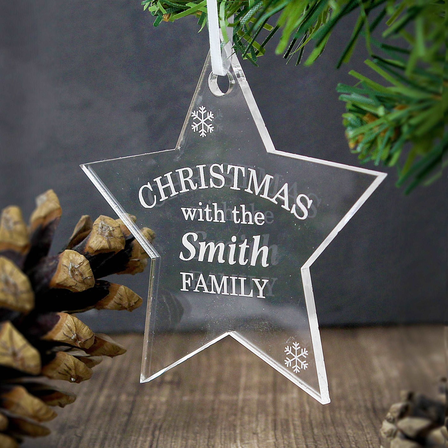 Clear acrylic Star hanging decoration personalised with Christmas with the ... By Sweetlea Gifts