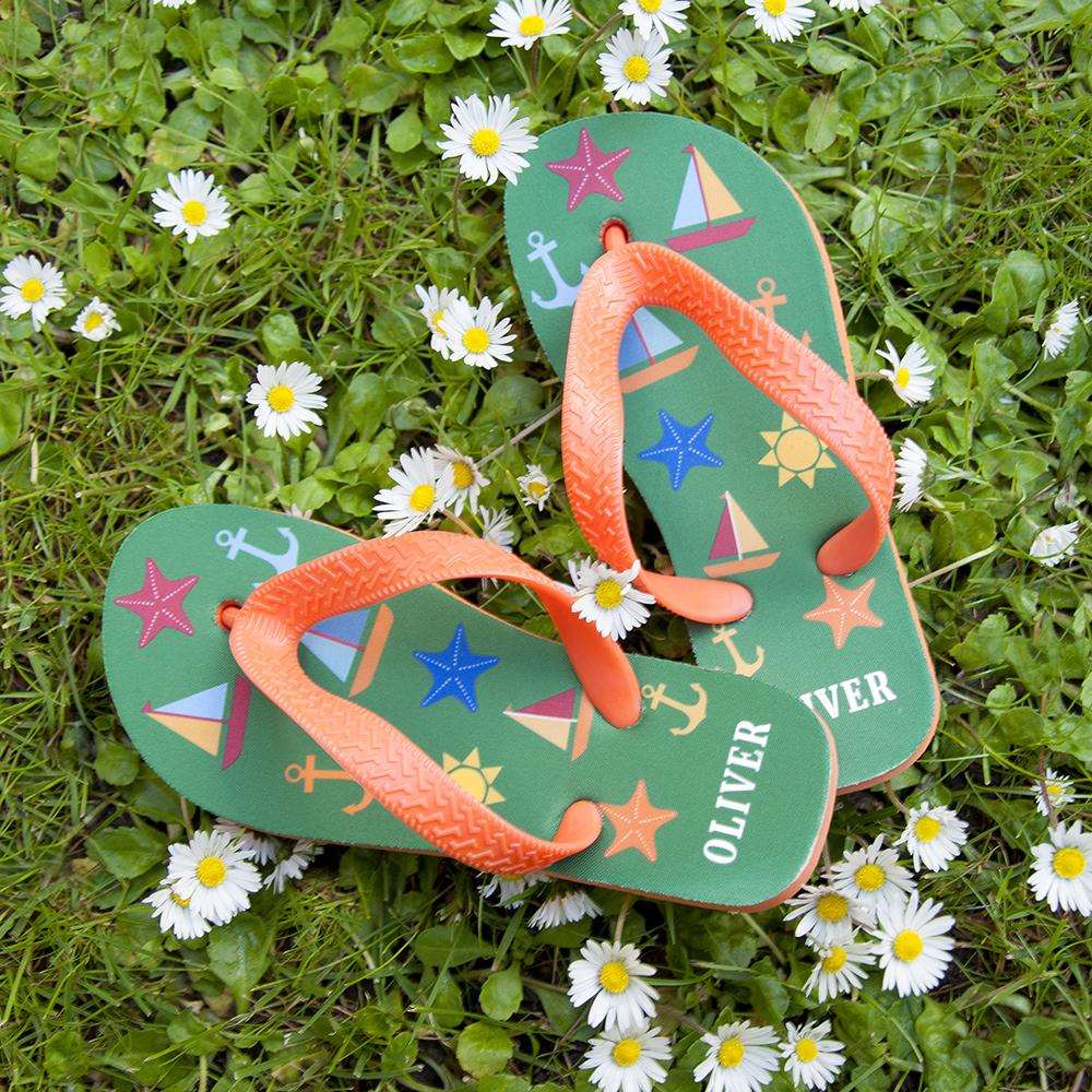 Children's Green and orange beach theme personalised flip flops  By Sweetlea Gifts