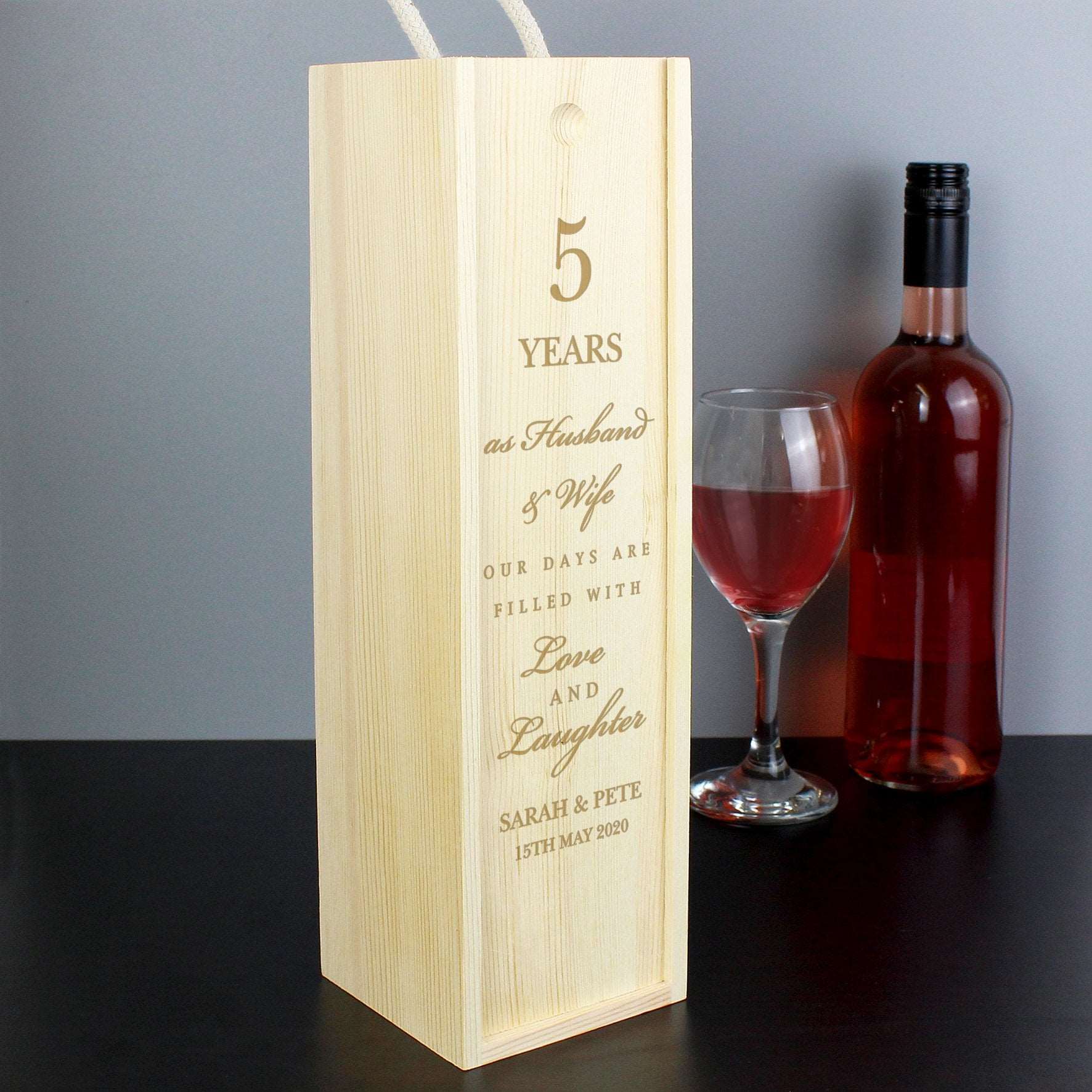 Wooden 5th Anniversary Wine presentation box By Sweetlea Gifts