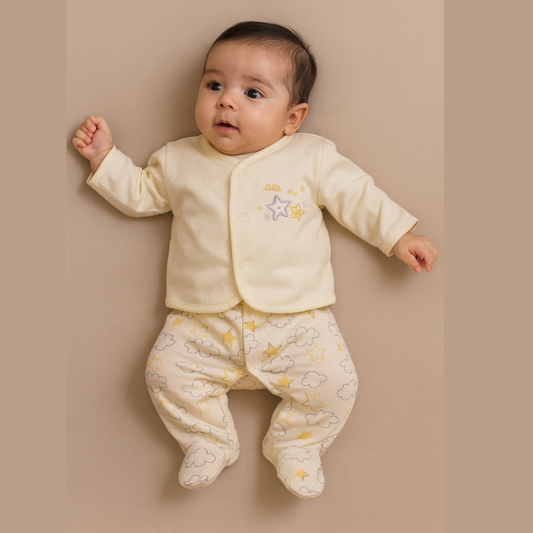 Baby wearing a pale yellow outfit with star and cloud patterns on a beige background