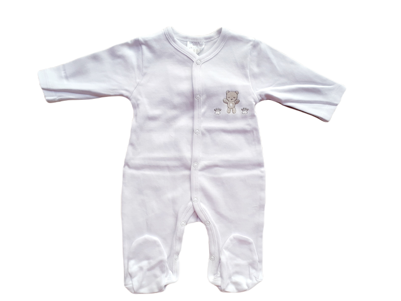 White babygrow with embroidered bear motif