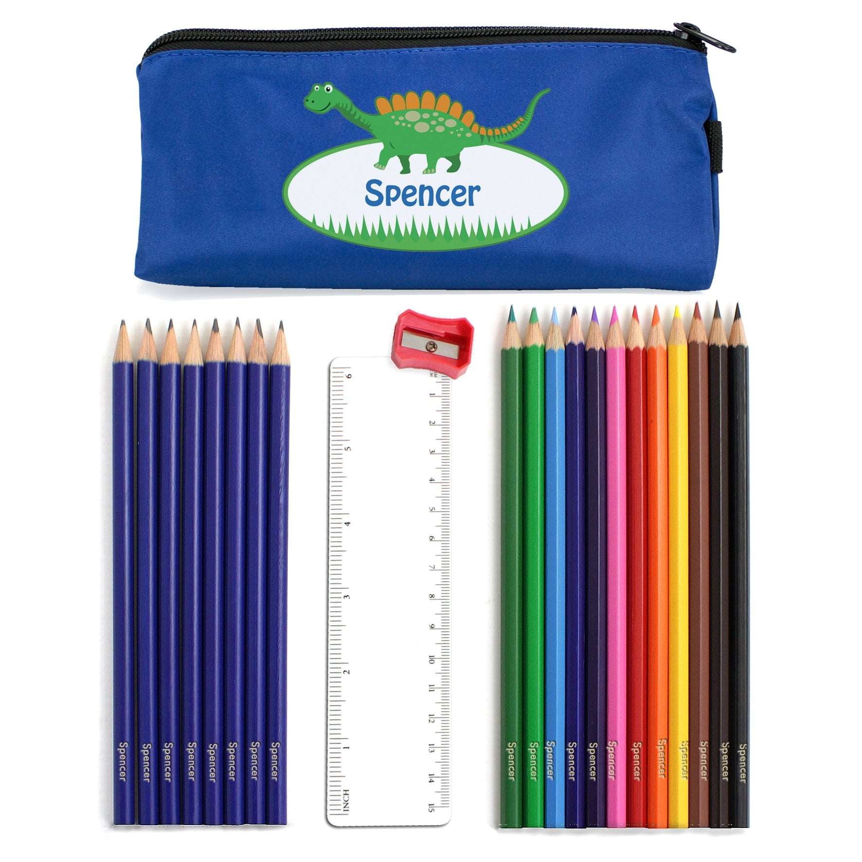 Blue Personalised  Dinosaur Pencil Case with Pencils & Crayons By Sweetlea Gifts