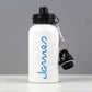 white aluminium drinks bottle, personalised with a name in blue  By Sweetlea Gifts