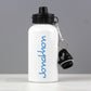 white aluminium water bottle personalised with name in blue  By Sweetlea Gifts