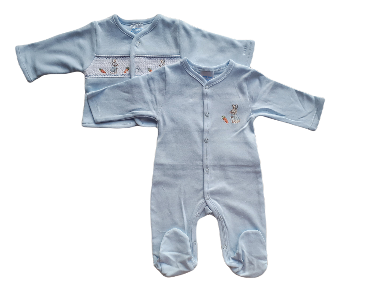 Blue babygrow and jacket set with embroidered bunny design