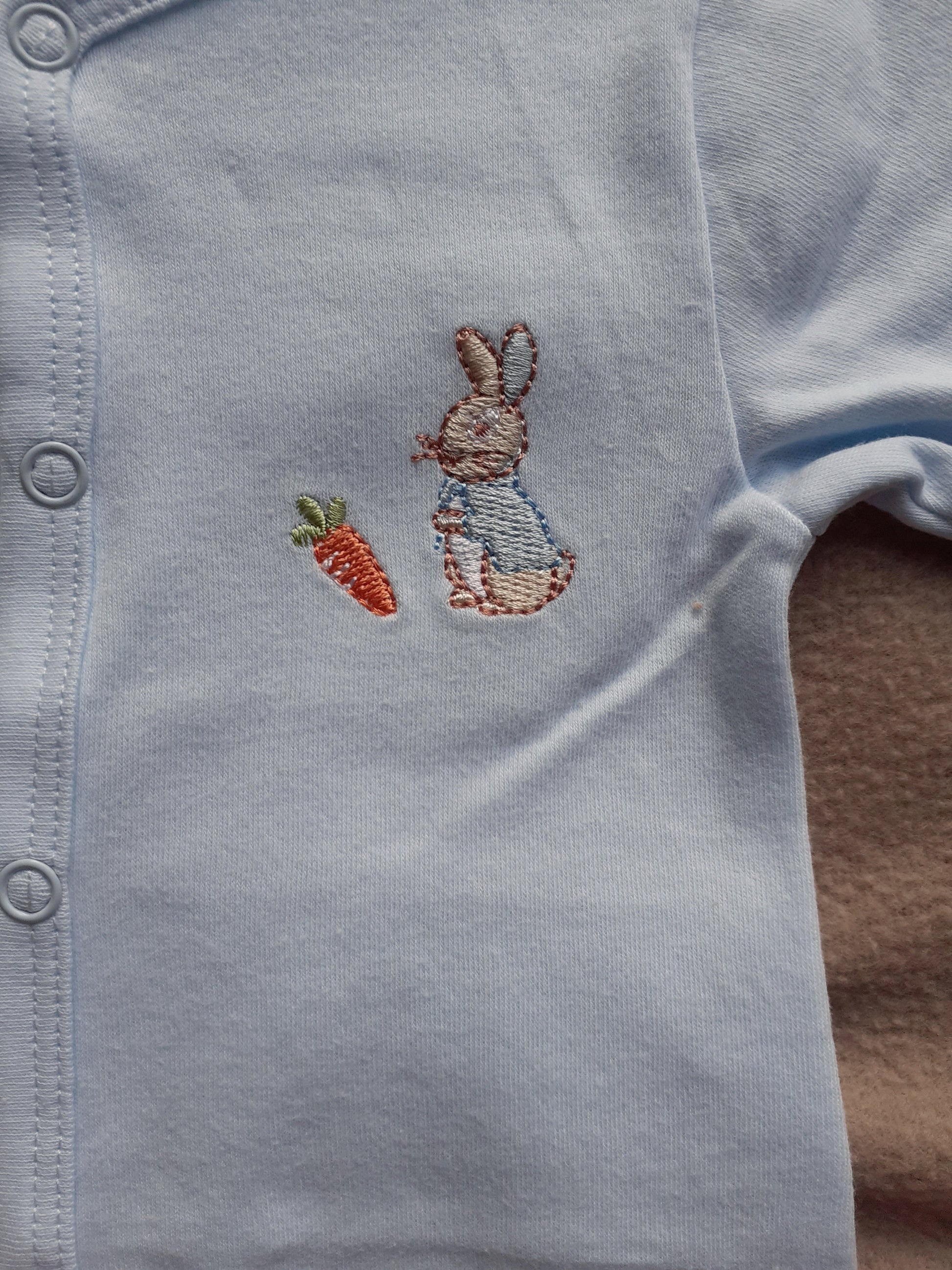 Embroidered bunny and carrot on Blue babygrow