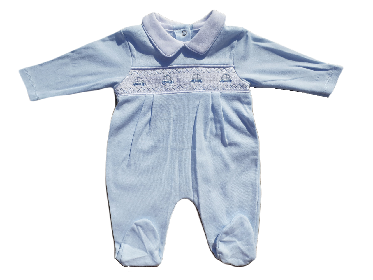 A blue smocked babygrow with a car motif, featuring long sleeves and snap closures.