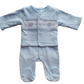 Blue smocked baby jacket and sleepsuit with Crown design
