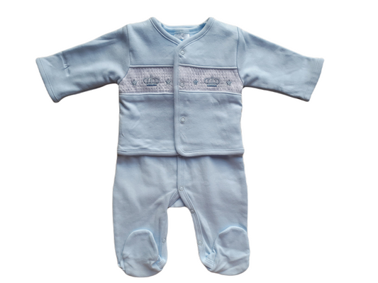 Blue smocked baby jacket and sleepsuit with Crown design