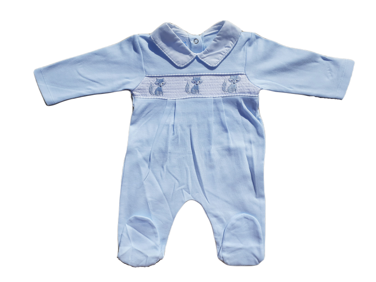 A blue smocked babygrow with a fox motif on the chest area.