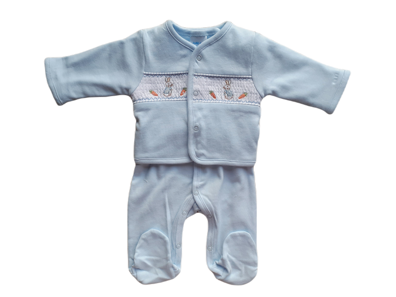 A blue babygrow with a smocked jacket set featuring a bunny design on the sleeves. The set is made of cotton and appears to be soft and breathable.