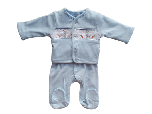 A blue babygrow with a smocked jacket set featuring a bunny design on the sleeves. The set is made of cotton and appears to be soft and breathable.