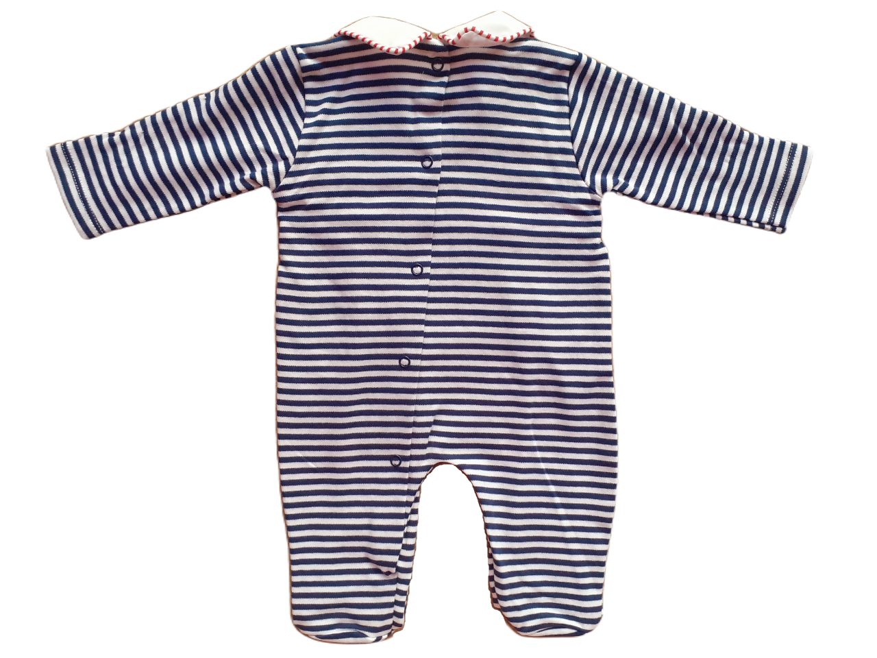 Blue and white striped babygrow