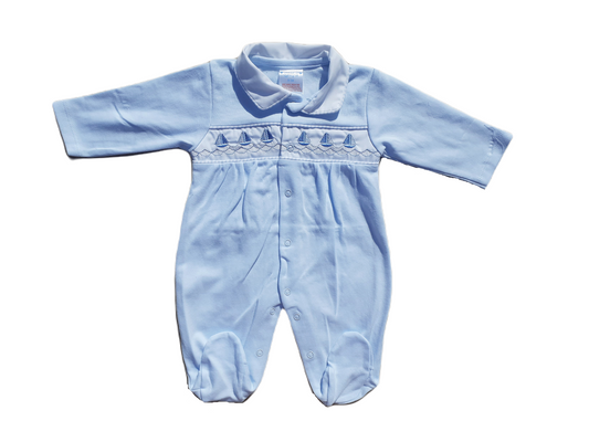 Blue babygrow with embroidered boat design