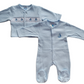 Blue baby sleepsuit and jacket set with smocked embroidered boat design