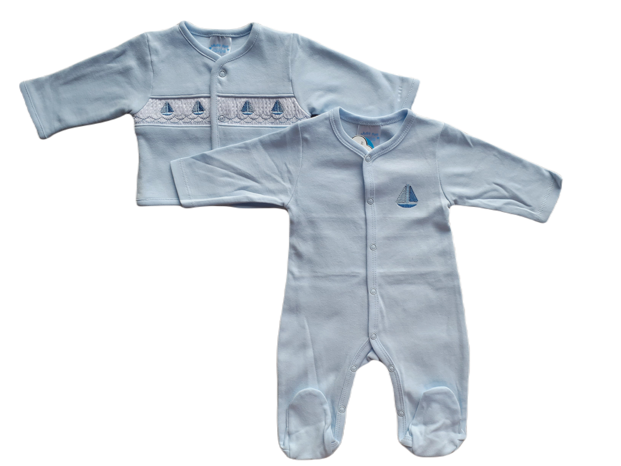 Blue baby sleepsuit and jacket set with smocked embroidered boat design