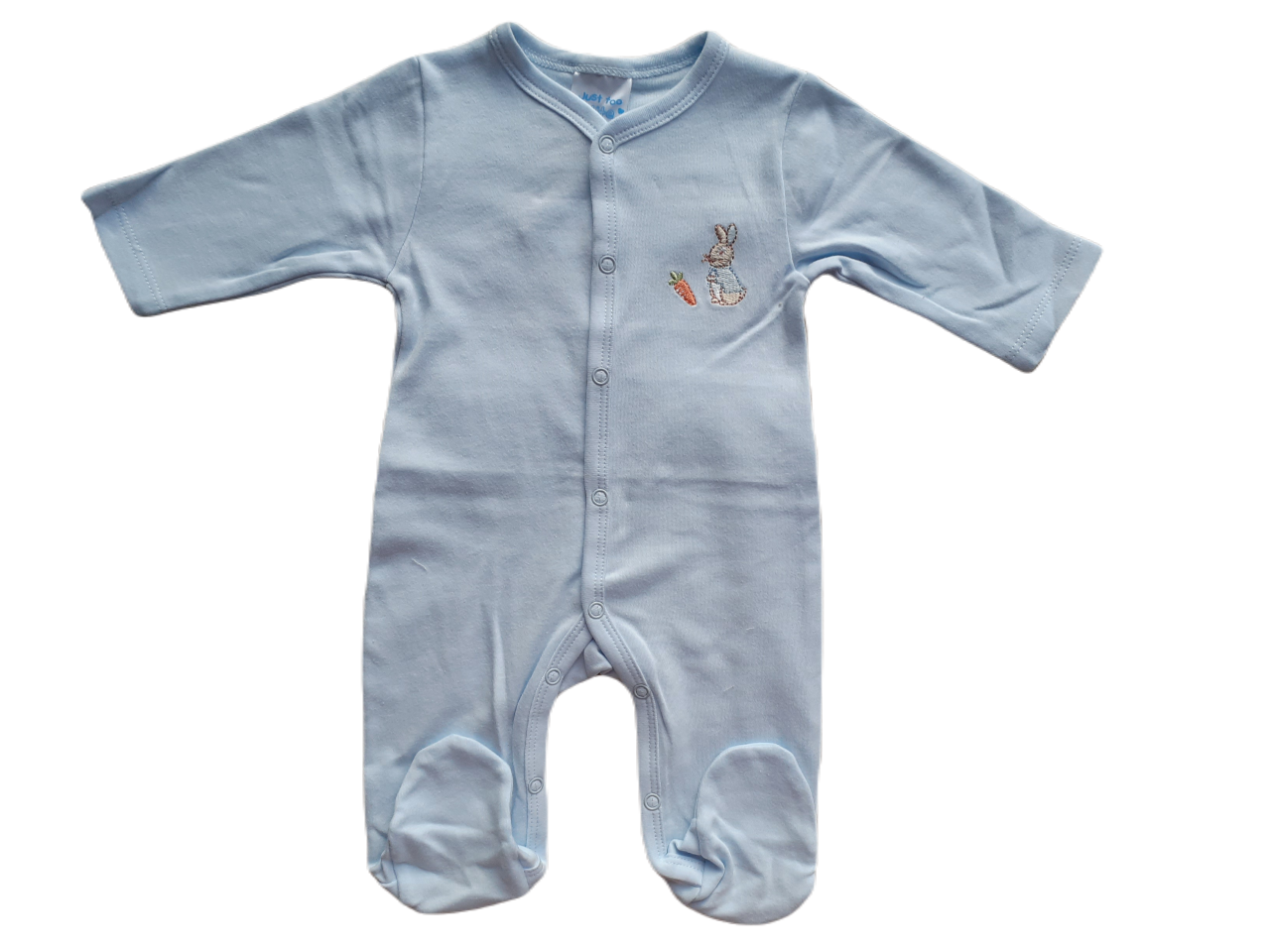 Blue baby sleepsuit with embroidered bunny