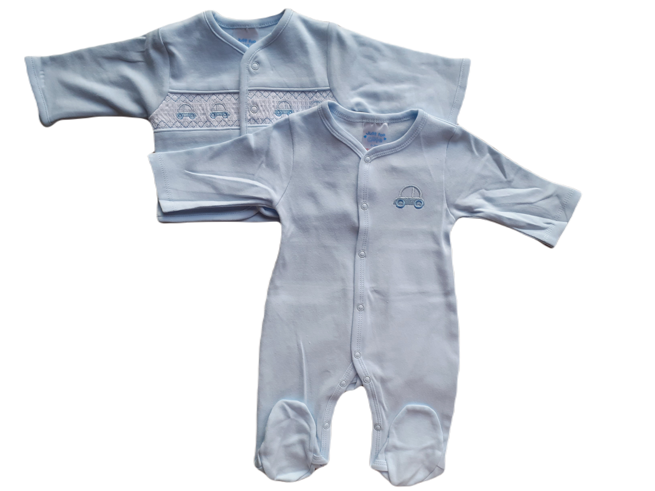Blue sleepsuit and baby jacket embroidered smocked with car design