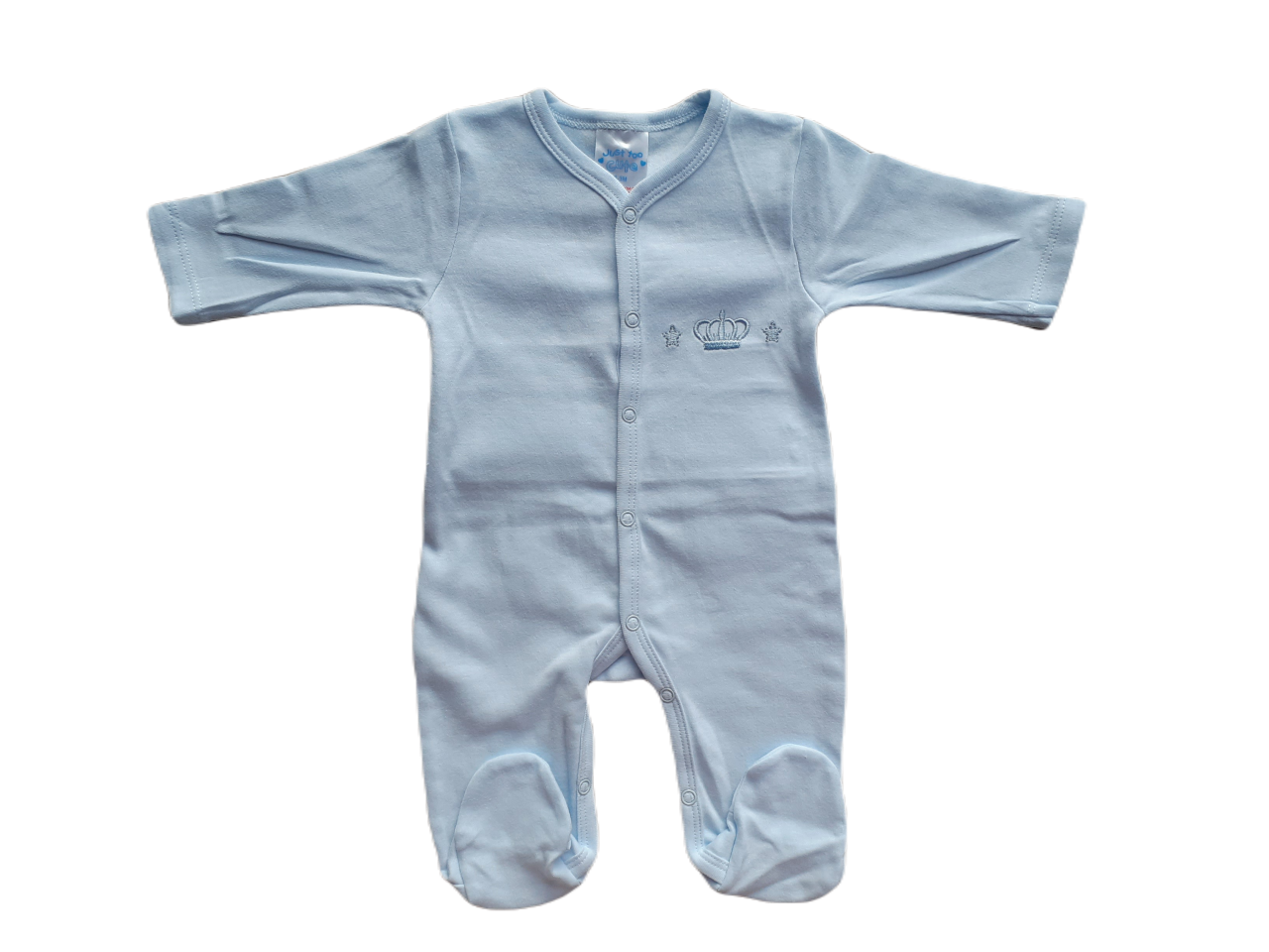 Baby boys blue sleepsuit with embroidered crown