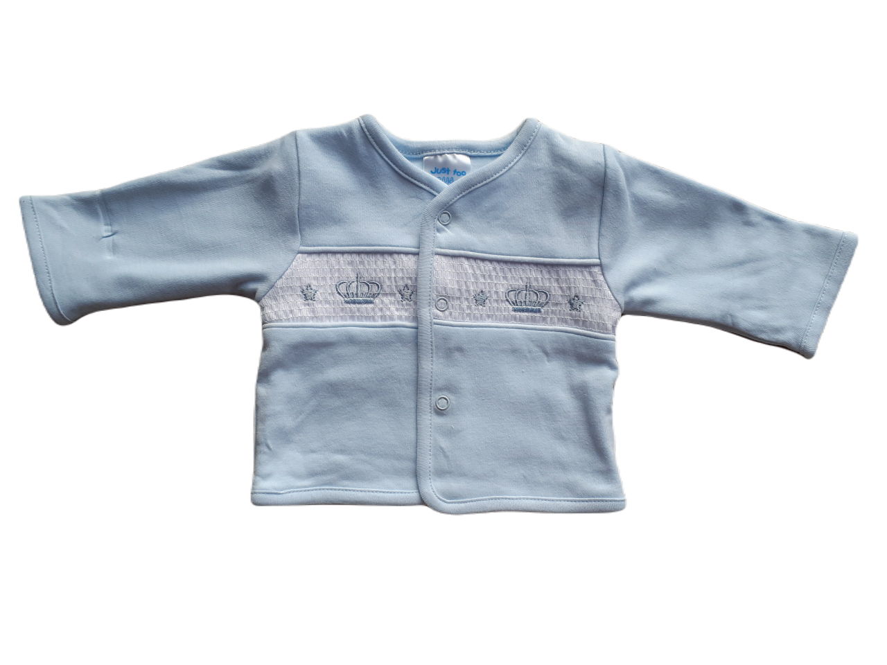 Blue baby jacket with crown smocked design